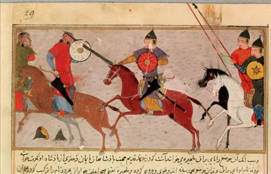 Ms Pers.113 f.29 Genghis Khan (c.1162-1227) Fighting the Tartars, från en bok av Rashid-al-Din (1247-1318) (gouache)