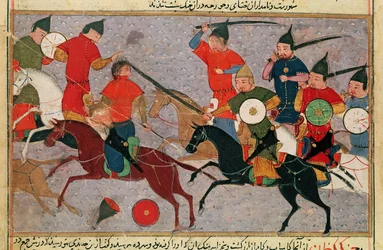 Ms Pers.113 f.49 Genghis Khan (c.1162-1227) i Battle, från en bok av Rashid-al-Din (1247-1318) (gouache)