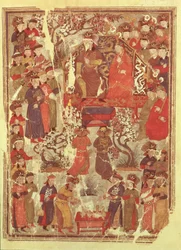 Ms Supp. Pers. 1113 f.126v Genghis Khan och hans fru Bortei tronade inför hovmän, folio från en bok som heter Jami al Tawarikh (Universell historia) av Rashid ad-Din (1247-1318)
