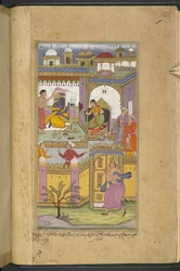 Or.12076 f.13v Bhima anländer till slottet Dvaraka för att bjuda in Krishna till 