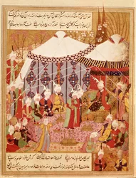 Or.1359 fol. 35 v. Sultan Bayazid tillfångatagen av Timur, 1402 från Zafarnama 1533 (bläck på veläng)