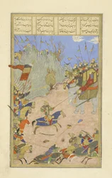 Persiska 239 fol.155b Rustam drar Kh?q?n från sin elefant, illustration från Shahnama (Kungarnas bok), av Abul-Qasim Mansur Firdawsi (c.934-c.1020), 1444