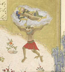 Persiska 239 fol.165b Detalj: Div Akvan lyfter den sovande Rustam, illustration från Shahnama (Kungarnas bok), av Abul-Qasim Mansur Firdawsi (c.934-c.1020), 1444