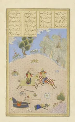 Persiska 239 fol.206b Gustaham, efter att ha dödat Farsh?dvard, skickar Lahh?k, illustration från Shahnama (Kungarnas bok), av Abul-Qasim Mansur Firdawsi (c.934-c.1020), 1444