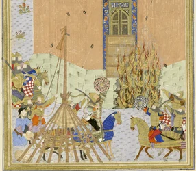 Persiska 239 fol.223a Detalj: Fortet Gang Dizh attackerades med minor, illustration från Shahnama (Kungarnas bok), av Abul-Qasim Mansur Firdawsi (c.934-c.1020), 1444
