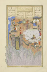 Persiska 239 fol.278a Isfandiy?r dräpar Arj?sp in the Brazen Hold, illustration från Shahnama (Kungarnas bok), av Abul-Qasim Mansur Firdawsi (c.934-c.1020), 1444