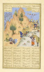 Persiska 239 fol.313b Iskandar tröstar den döende D?r?, illustration från Shahnama (Kungarnas bok), av Abul-Qasim Mansur Firdawsi (c.934-c.1020), 1444