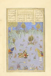 Persiska 239 fol.67b Suhr?b dödad av Rustam, illustration från Shahnama (Kungarnas bok), av Abul-Qasim Mansur Firdawsi (c.934-c.1020), 1444