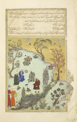 Persiska 239 fol.7a Firdausi möter hovpoeterna i Ghazni, illustration från Shahnama (Kungarnas bok), av Abul-Qasim Mansur Firdawsi (c.934-c.1020), 1444