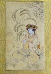 Persisk konst: "" ung man återvänder under en pil"" Anonym Gouache från 1600-talets Paris, Louvren