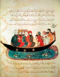 Persisk båt, som transporterar resenärer och drivs av roddare, på floden Eufrat, ca 1240 (gouache på veläng)