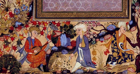 Persisk miniatyr som representerar en underhållningsscen med musiker. Detalj av en 1500-tals gouache. Paris, Louvren