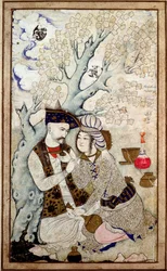Porträtt av Shah Abbas I med en av hans sidor, signerat Muhammad Qasim