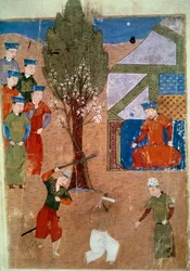 Representation av Chaghtai Khan (1227-1242) på sin tron, han är son till Djingis Khan persisk miniatyr hämtad från "Jami al-tawarikh" (Jami al-tawarikh) eller "Universal History" av historikern Rashid al-din (al din) ) (1247-1318) Omkring 1430. Paris, B.N.