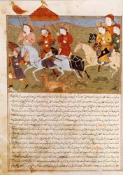 Representation av Houlagou Khan, barnbarn till Genghis Khan ridning. Persisk miniatyr hämtad från Jami al-Tawarikh” (Jami al tawarikh) eller ””Universell historia”” av historikern Rashid al-din (al din) (1247-1318) Omkring 1430. Paris, B.N.