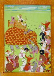 Representation av Murad (Mourad) Baksh (1624-1661), son till Mughal-kejsaren Shah Jehan (eller Shah Jehan, Shahjehan) som slåss mot en elefant. Persisk miniatyr av 1600-talets Paris, B.N.
