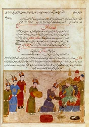 Representation av Ogodei Khan (1186-1241), han är son till Djingis Khan. Persisk miniatyr hämtad från "" Jami al-tawarikh"" (Jami al tawarikh) eller "" Universal History"" av historikern Rashid al-din (al din) (1247-1318) Omkring 1430. Paris, B.N.