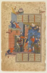 Rustam och hans män attackerar Afrasiyabs palats från en Shahnama