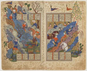 Rustam slår tillbaka stenen som Bahman rullade över honom från en Shahnama (Kungarnas bok), ca 1590-1600 (bläck, ogenomskinlig akvarell och guld på papper)