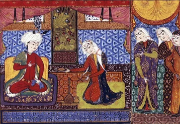 Shakar av Isfahan erbjuder vin till Khusraw, ca 1505