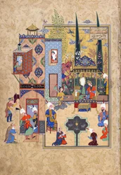 Solomon och Bilqis sitter tillsammans och pratar uppriktigt, folio från en Haft awrang (sju troner) av Jami (d.1492) troligen Mashad, Khurasan, Iran, Safavid-dynastin, 1556-1565 (bläck, ogenomskinlig akvarell och