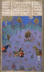 Suhrab Slain av His Fader Rustam, illustration från Shahnama (Kungarnas bok), av Abul-Qasim Manur Firdawsi (c.934-c.1020) c.1440-45 (penna, bläck & wc på veläng)