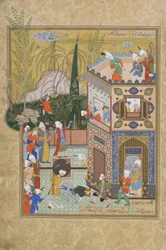 The Fickle Old Lover is Knocked Off the Rooftop, folio från en Haft awrang (sju troner) av Jami (d.1492) troligen Mashad, Khurasan, Iran, Safavid-dynastin, 1556-1565 (bläck, ogenomskinlig akvarell och guld