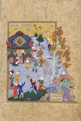 Sköldpaddans flykt, folio från en Haft awrang (Sju troner) av Jami (d.1492) troligen Mashad, Khurasan, Iran, Safaviddynastin, 1556-1565 (bläck, ogenomskinlig akvarell och guld på papper)