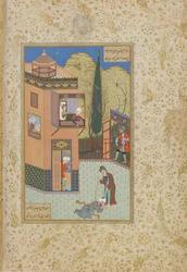 Muriden kysser Pirs fötter, folio från en Haft awrang (sju troner) av Jami (d.1492) troligen Mashad, Khurasan, Iran, Safaviddynastin, 1556-1565 (bläck, ogenomskinlig akvarell och guld på papper)