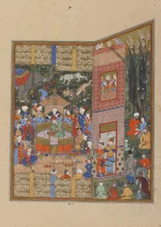 Salms och Turs sändebud före Faridun, ca 1560 (ogenomskinlig akvarell, bläck och guld på papper)