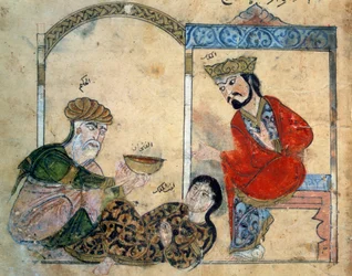 Den okunnige doktorn och kungadottern. Miniatyr från "" Kalila wa Dimna (Kalila och Dimna)"" (Folio 78), Östlig fabel 1200-1220? . Översatt av Ibn al-Mukaffa 