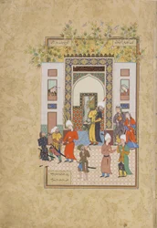 Spädbarnsvittnet vittnar om Yusufs oskuld, folio från en Haft awrang (sju troner) av Jami (d.1492) troligen Mashad, Khurasan, Iran, Safaviddynastin, 1556-1565 (bläck, ogenomskinlig akvarell och gol)