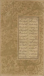 Simurghen, draken, djuren och fåglarna i ett landskap, folio från Yusuf u-Zulaikha av Jami (d. 1492) Qazvin, Iran, Safaviddynastin, 1557 (bläck och guld på papper)