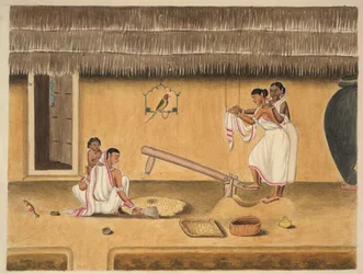 Kvinnor som skalar paddy med en dhenki, ca 1840 (akvarell på papper)
