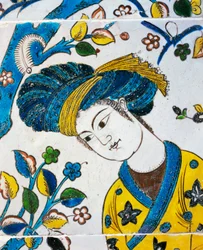 Ung mand med turban, spil i haven, detalje fra keramiske fliser fra Chehel Sotoun, Isfahan, persiske civilisationssverige