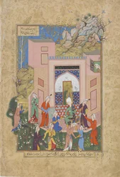 Yusuf predikar för Zulaykhas jungfrur i hennes trädgård, folio från en Haft awrang (sju troner) av Jami (d.1492) troligen Mashad, Khurasan, Iran, Safaviddynastin, 1556-1565 (bläck, ogenomskinlig akvarell och gå
