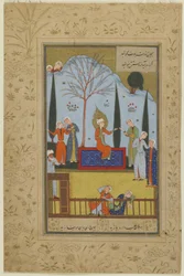 Zulaykhas pigor underhåller Yusuf i trädgården, ca 1575