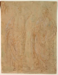 Två stående draperade mansfigurer