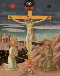 Korsfästelsen med Saint Hieronymus och Saint Francis, ca. 14451450.