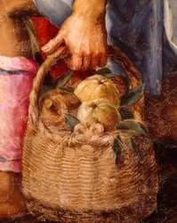Korg med frukt, detalj från Adoration of Shepherds av Peter Candid (1548-1628), olja på panel, 248x162 cm