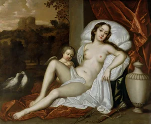 Porträtt av Nell Gwynne (1650-87) som Venus, med sin son, Charles Beauclerk (1670-1726), som Amor (olja på duk)