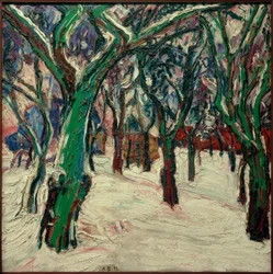Vinterbild med bondgårdar (Parkweg på vintern)