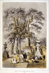 Temple of Hat-Chi-Man-Ya-Chu-Ro, Simoda, från "Berättelsen om en amerikansk skvadrons expedition till Kinas hav och Japan", pub. av Sarony & Co.