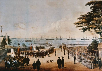 Commodore Perry landar i Japan för att träffa de kejserliga kommissionärerna i Yokohama, 8 mars 1854