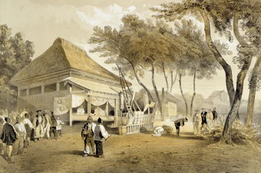 Brandkårens hus och maskin, Yokuhama, från "Narrative of the Expedition of an American Squadron to the China Seas and Japan", utgiven av Sarony und Co. 1856 (tonad litografi).