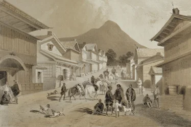 Gatan i Hakodadi, från "Narrative of the Expedition of an American Squadron to the China Seas and Japan", publicerad av Sarony und Co. 1856 (tonad litografi).