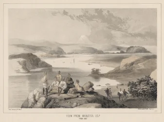Utsikt från Webster Island, Yedo Bay, litho av Sarony und Co., 1855 (chromolitho)