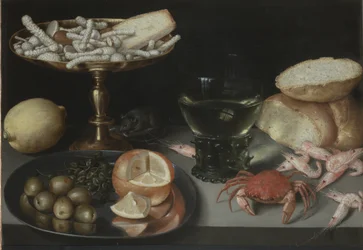 Stilleben med frukt, godis, kräftdjur, ett glas och en mus, c.1620