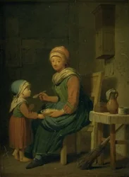 En bondhustru som ger sin dotter något att äta