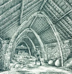 Medeltida prästgårdsladugård, Wharram Percy, North Yorkshire, c1988-c2005.